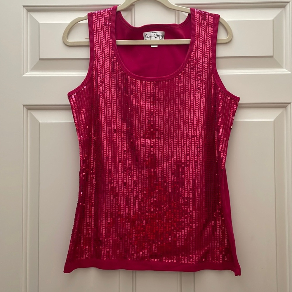 Casual Living Sequin Front Ribbed Tank Shirt Size XL in Barbie Pink Like New